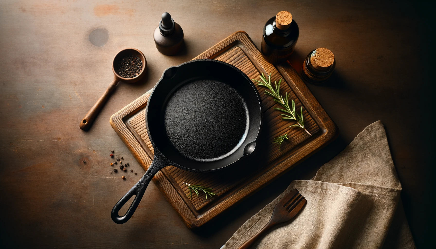 Minimalist flat lay of a cast iron skillet with a small bottle of seasoning oil and a sprig of rosemary on a rustic wooden countertop.